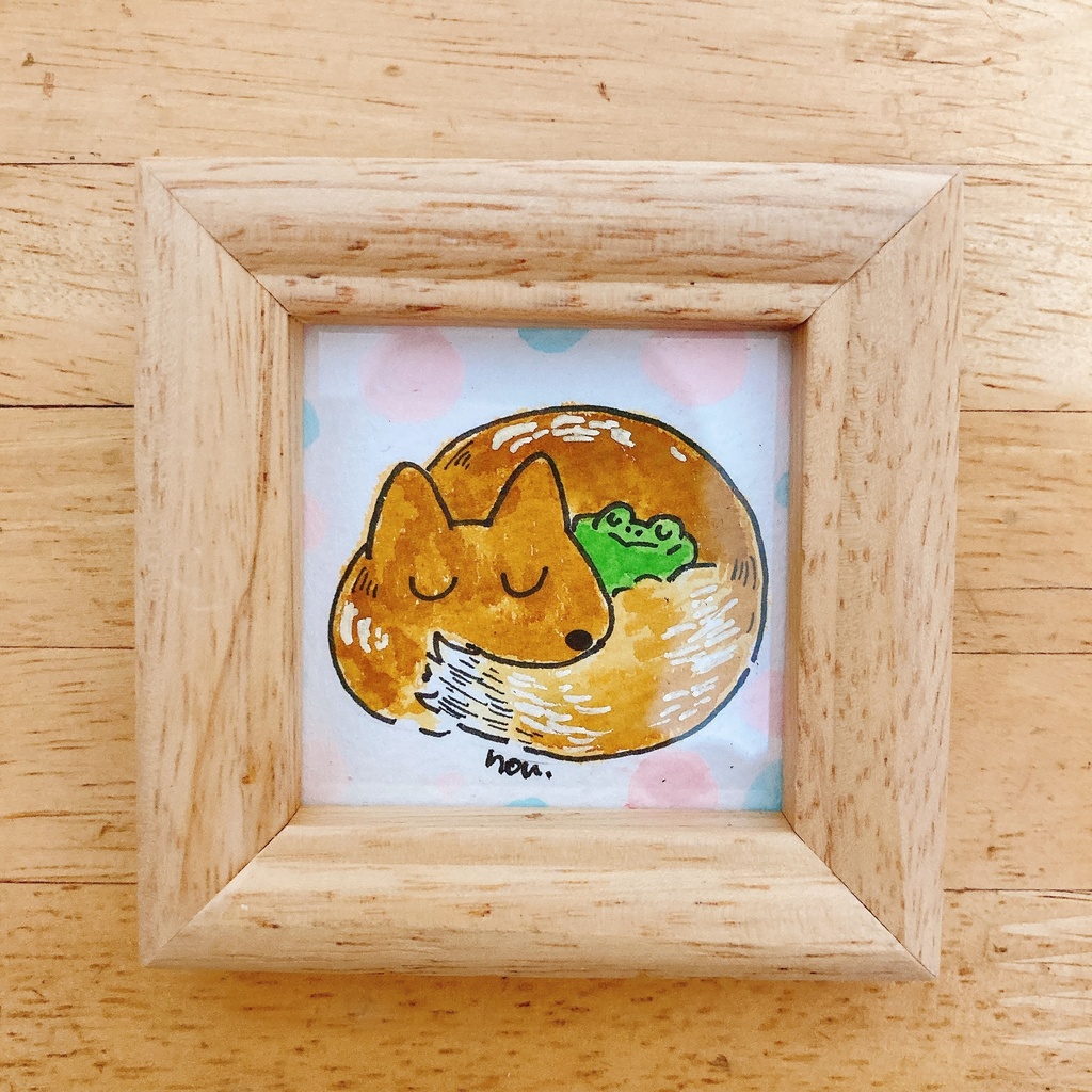 ミニ原画「キツネと寝るたかし」