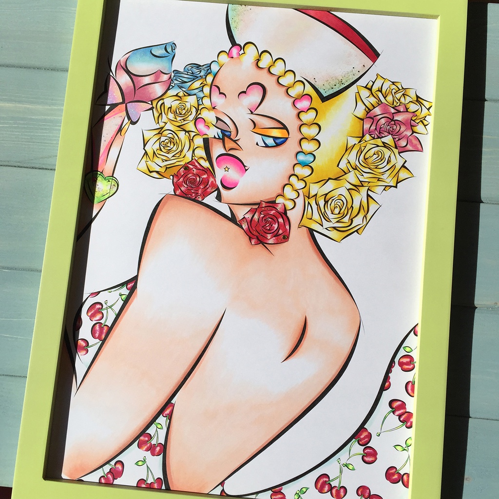 ♡ CHERRY PRINT DRESS ♡ 木製フレーム付 ✩ FASHION ART A3