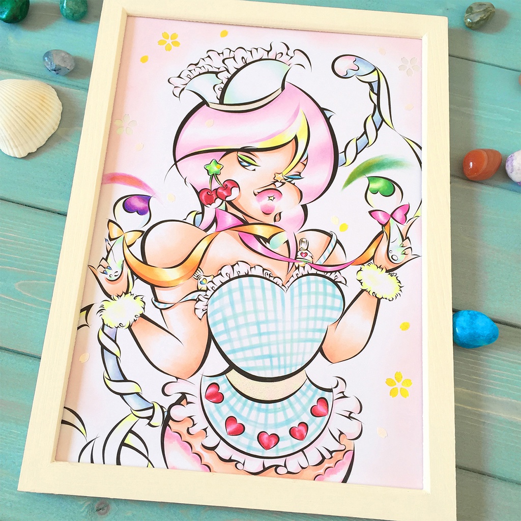 ♡ RUSSIAN BLUE KITTEN DINER GIRL COSTUME ♡ 木製フレーム付 ✩ FASHION ART A4