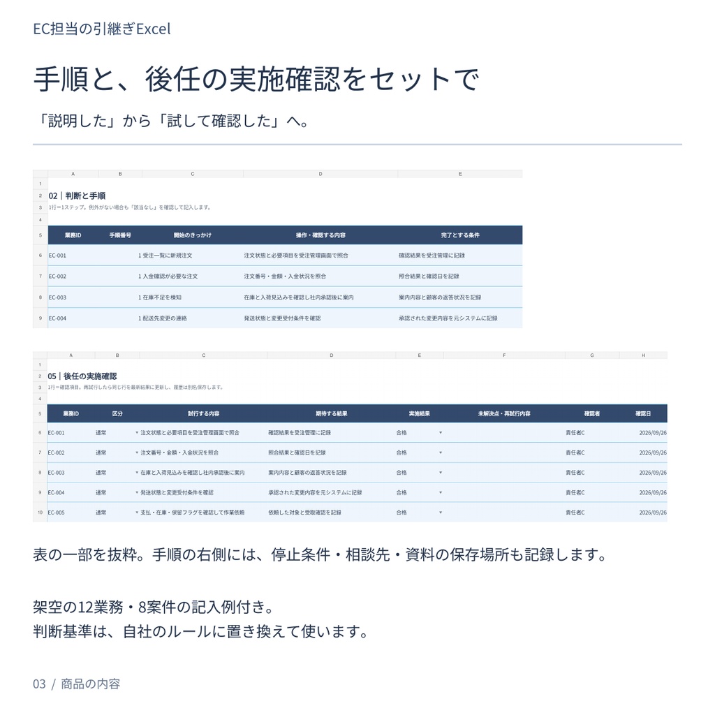 EC担当の引継ぎExcel|未完了案件・判断ルール・後任確認