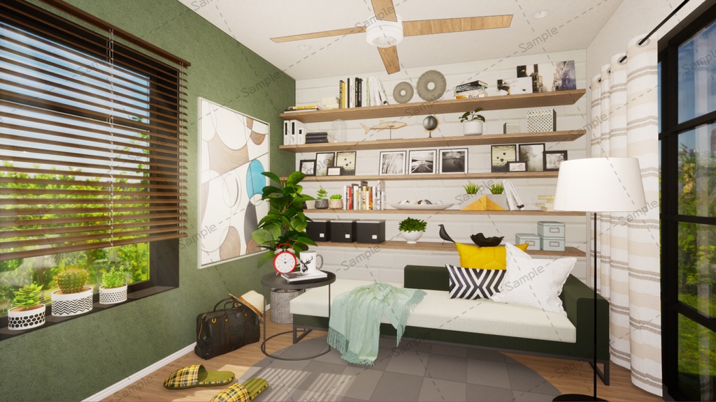 【Vtuberさん向け/イラスト背景素材】グリーンナチュラルなお部屋【企画・雑談・歌枠用配信素材】