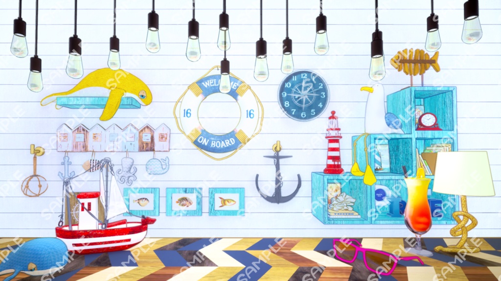 【Vtuberさん向け/イラスト背景素材】マリンなお部屋B【企画・雑談・歌枠用配信素材】