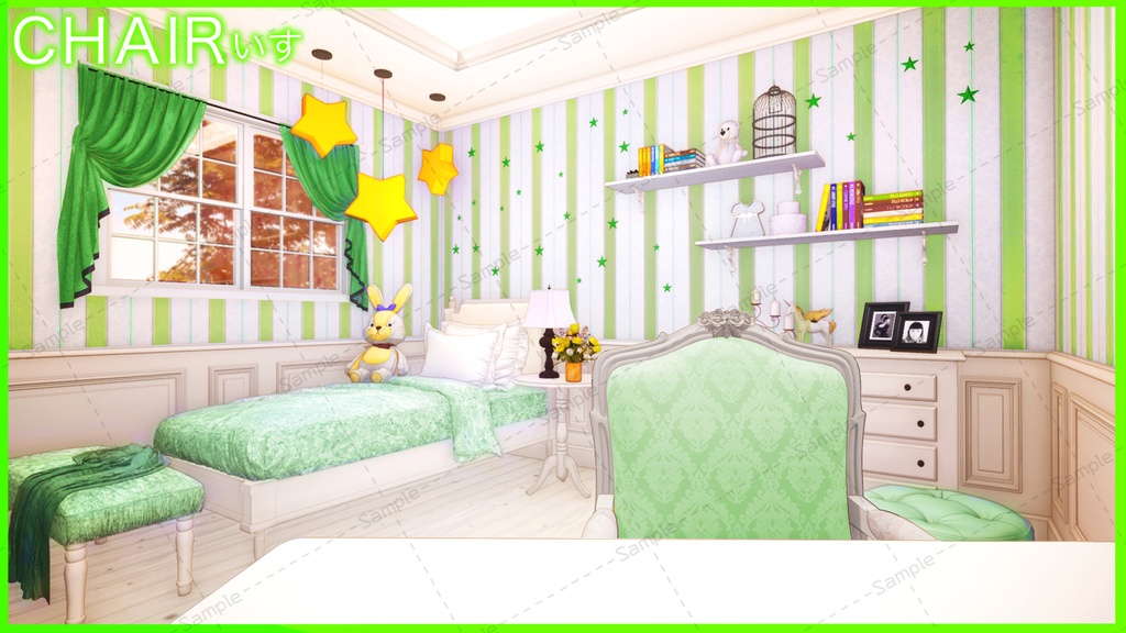 【Vtuberさん向け/イラスト背景素材】ぐりーんなロリータルーム【企画・雑談・歌枠用配信素材】