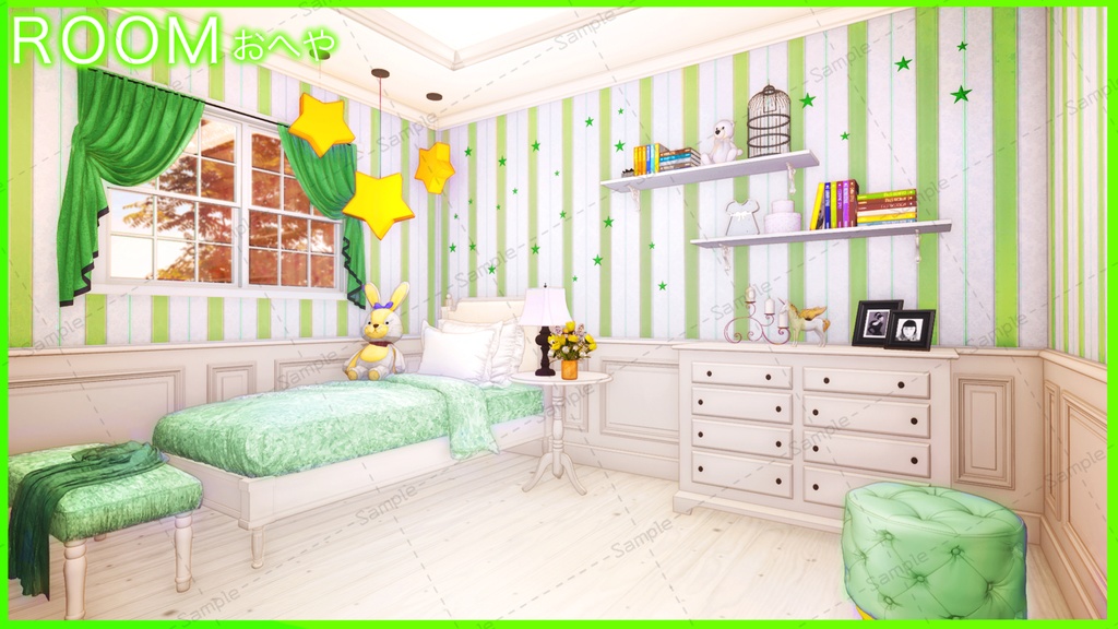 【Vtuberさん向け/イラスト背景素材】ぐりーんなロリータルーム【企画・雑談・歌枠用配信素材】