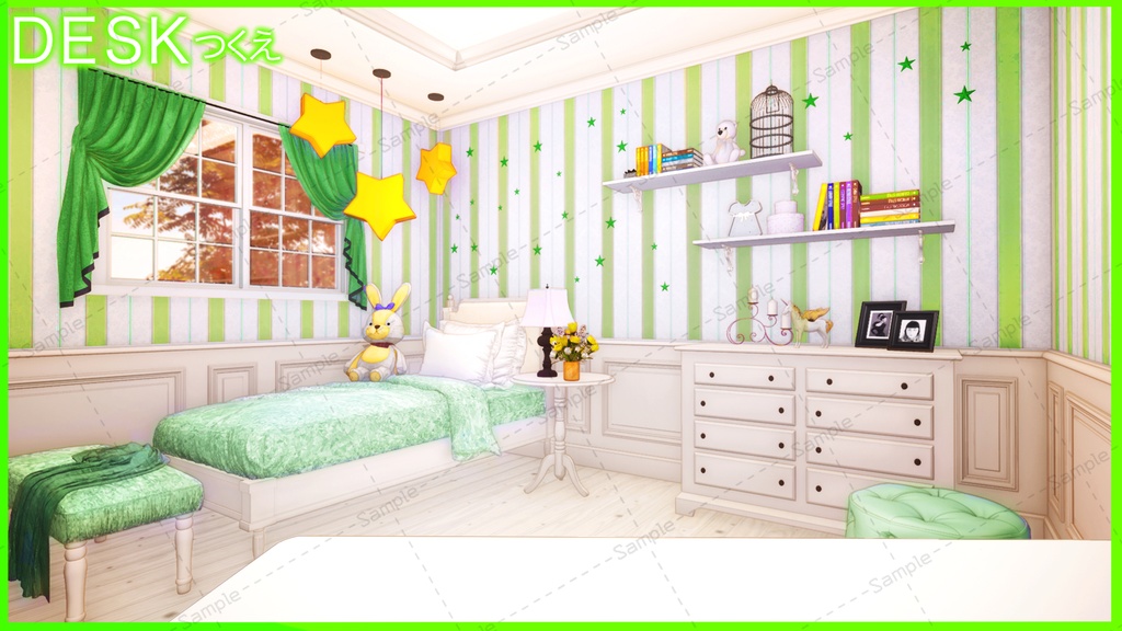 【Vtuberさん向け/イラスト背景素材】ぐりーんなロリータルーム【企画・雑談・歌枠用配信素材】