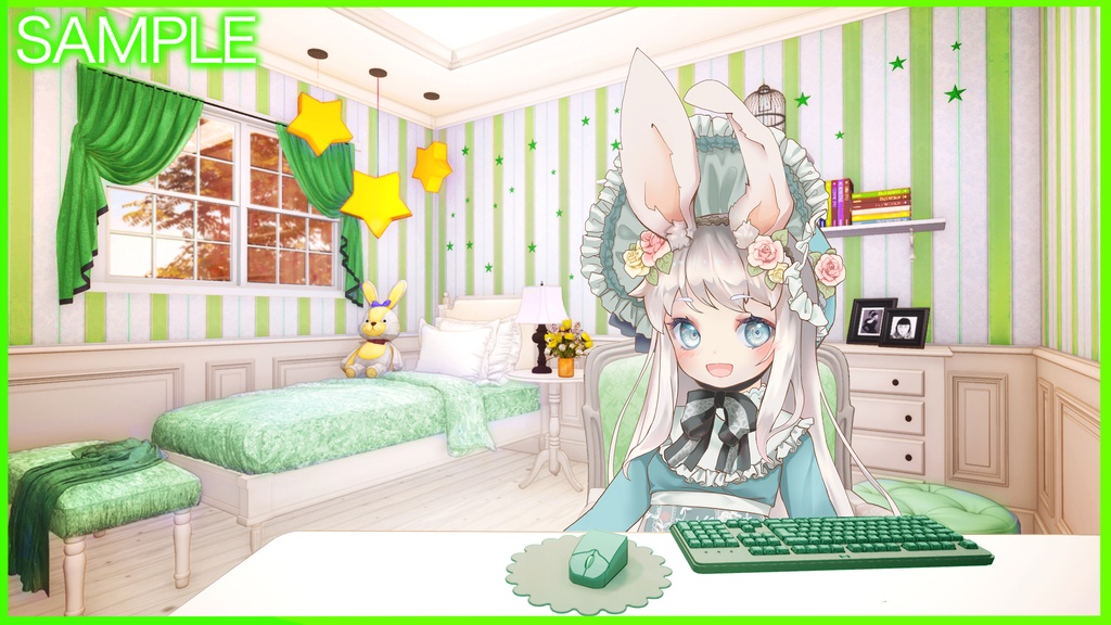 【Vtuberさん向け/イラスト背景素材】ぐりーんなロリータルーム【企画・雑談・歌枠用配信素材】