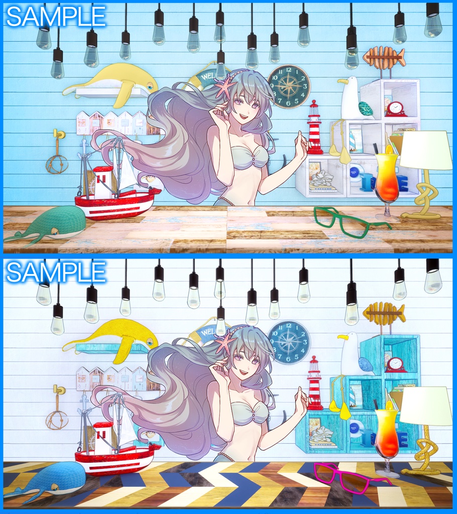 【Vtuberさん向け/イラスト背景素材】2色セットマリンなお部屋【企画・雑談・歌枠用配信素材】