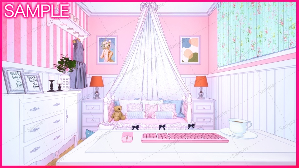 【Vtuberさん向け/イラスト背景素材】ぴんくかわいいお部屋【企画・雑談・歌枠用配信素材】