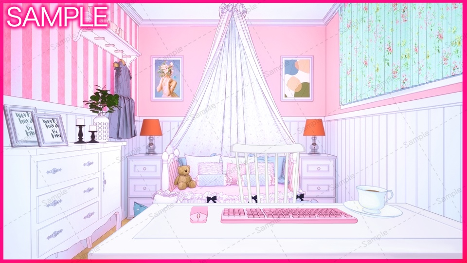 【Vtuberさん向け/イラスト背景素材】ぴんくかわいいお部屋【企画・雑談・歌枠用配信素材】