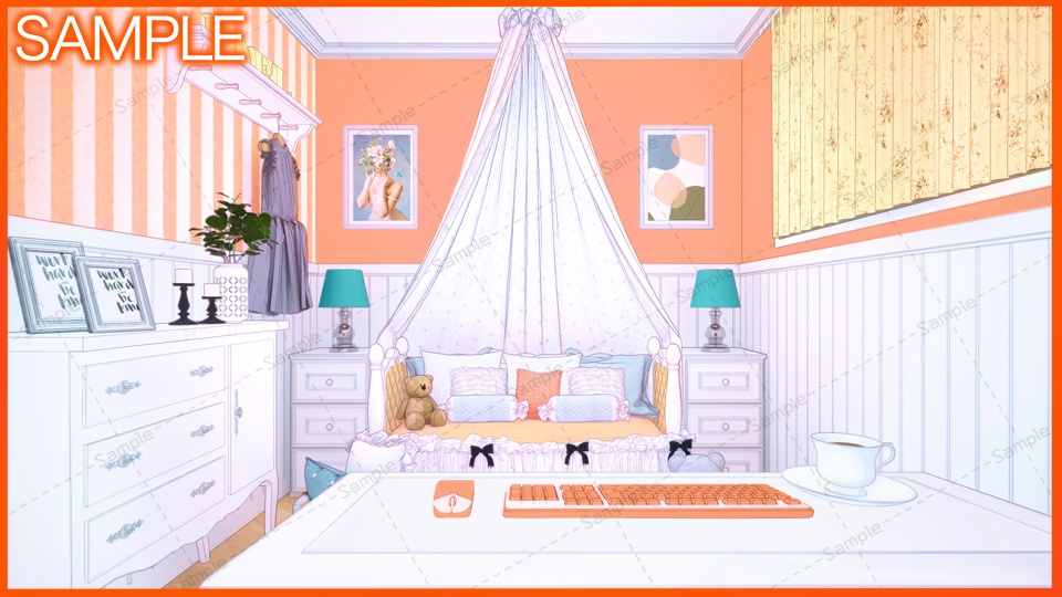 【Vtuberさん向け/イラスト背景素材】おれんじなかわいいお部屋【企画・雑談・歌枠用配信素材】
