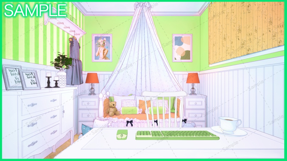 【Vtuberさん向け/イラスト背景素材】ぐりーんなかわいいお部屋【企画・雑談・歌枠用配信素材】