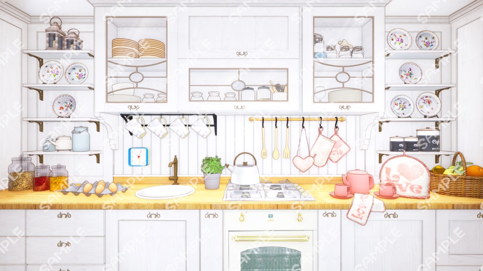 【Vtuberさん向け/イラスト背景素材】かわいいキッチン【企画・雑談・歌枠用配信素材】
