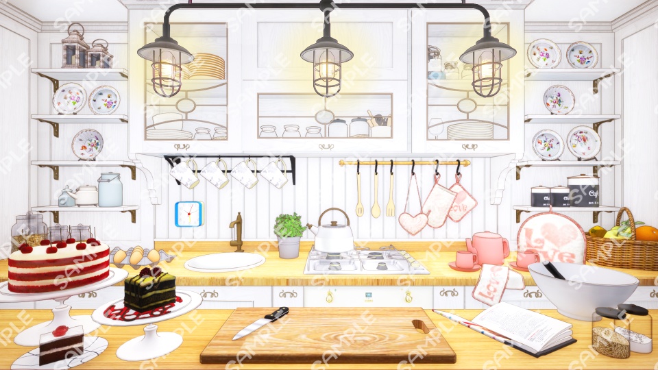 【Vtuberさん向け/イラスト背景素材】かわいいキッチン【企画・雑談・歌枠用配信素材】