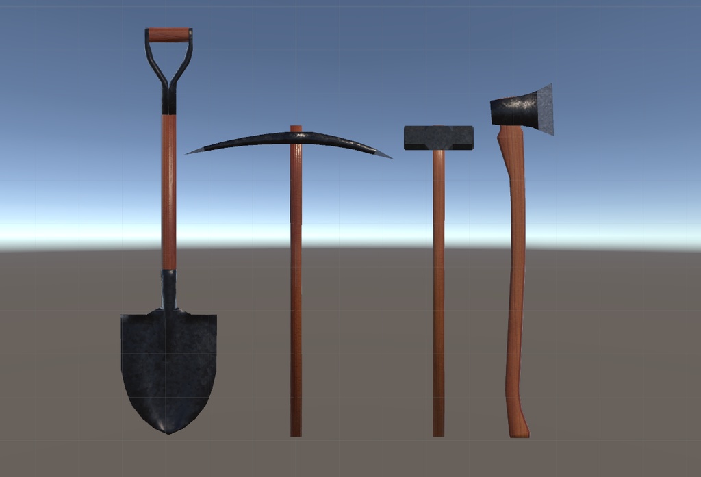 【3Dモデル】斧・金槌(ハンマー)・ツルハシ・シャベル 4種まとめ