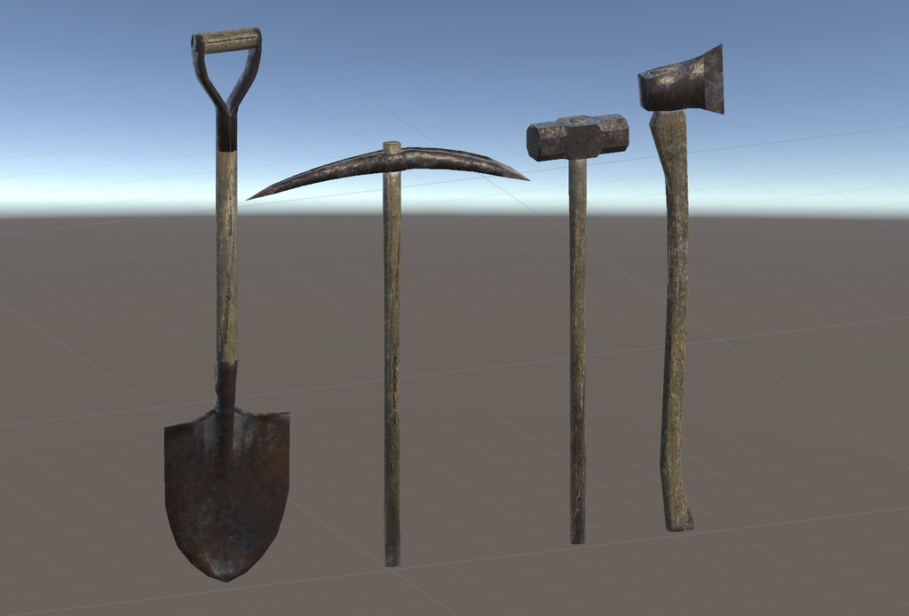 【3Dモデル】斧・金槌(ハンマー)・ツルハシ・シャベル 4種まとめ