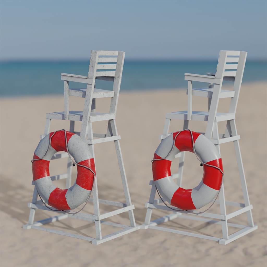 【3Dモデル】ライフガード(ライフセイバー)の椅子と救命浮輪