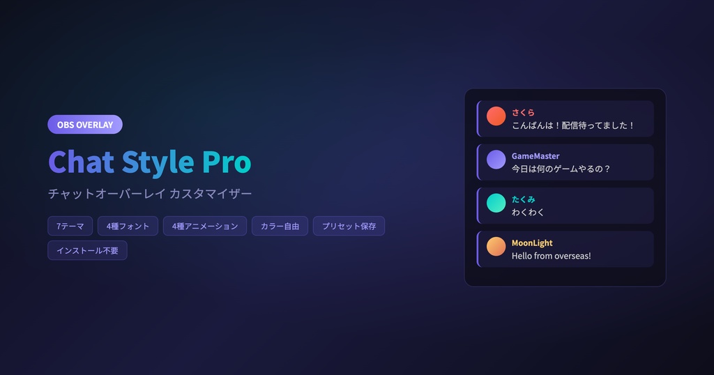 【OBS配信】Chat Style Pro - チャットオーバーレイ カスタマイザー｜7テーマ・アニメーション対応