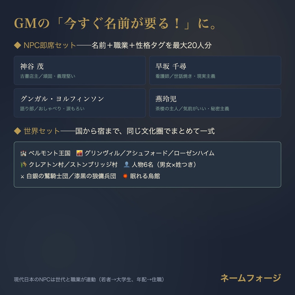 ネームフォージ|創作・TRPGの名前ジェネレータ+名前台帳(完全ローカル / 10スタイル)