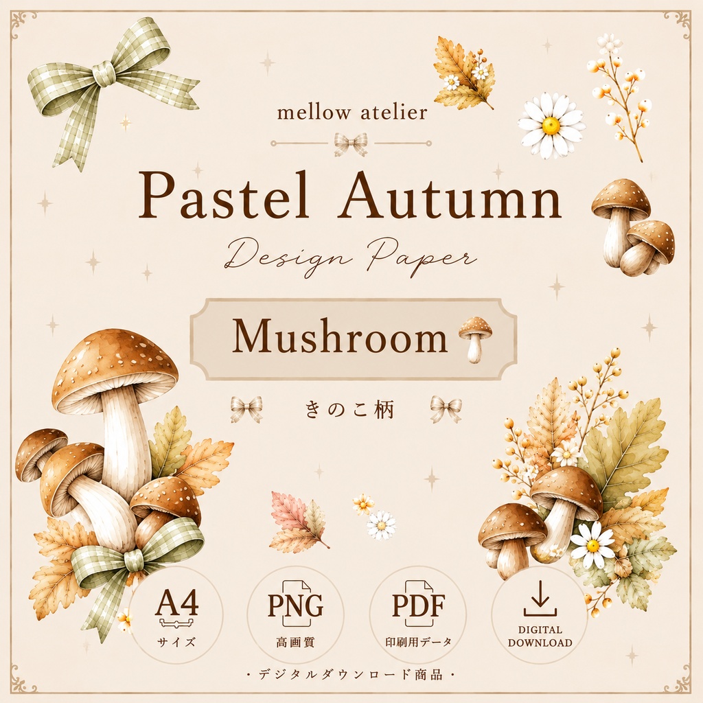 Pastel Autumn｜きのこ柄 デザインペーパー A4｜ラッピング・コラージュ素材｜商用利用OK