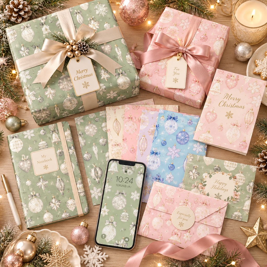 【商用利用OK】クリスマスオーナメント デジタルペーパー 15枚セット|水彩風・シームレスパターン