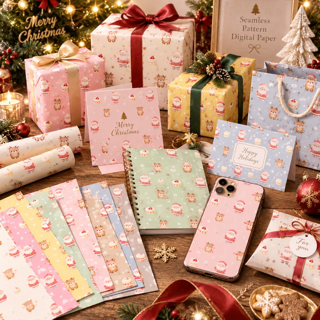 【商用利用OK】サンタ&トナカイのクリスマス デジタルペーパー 10色セット|水彩風・シームレスパターン