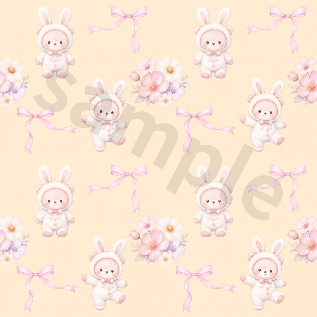 【商用利用OK】うさぎくま&お花のデジタルペーパー 12色セット|水彩風・シームレスパターン