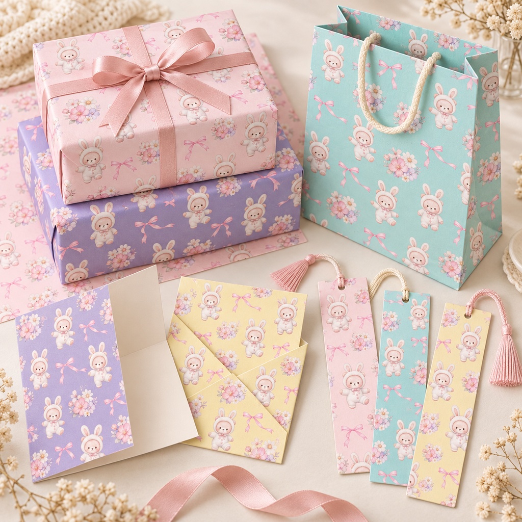 【商用利用OK】うさぎくま&お花のデジタルペーパー 12色セット|水彩風・シームレスパターン