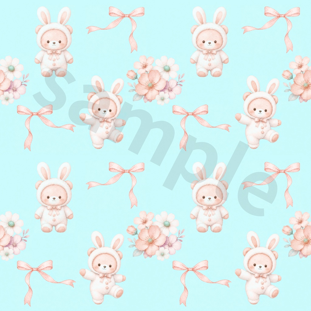 【商用利用OK】うさぎくま&お花のデジタルペーパー 12色セット|水彩風・シームレスパターン
