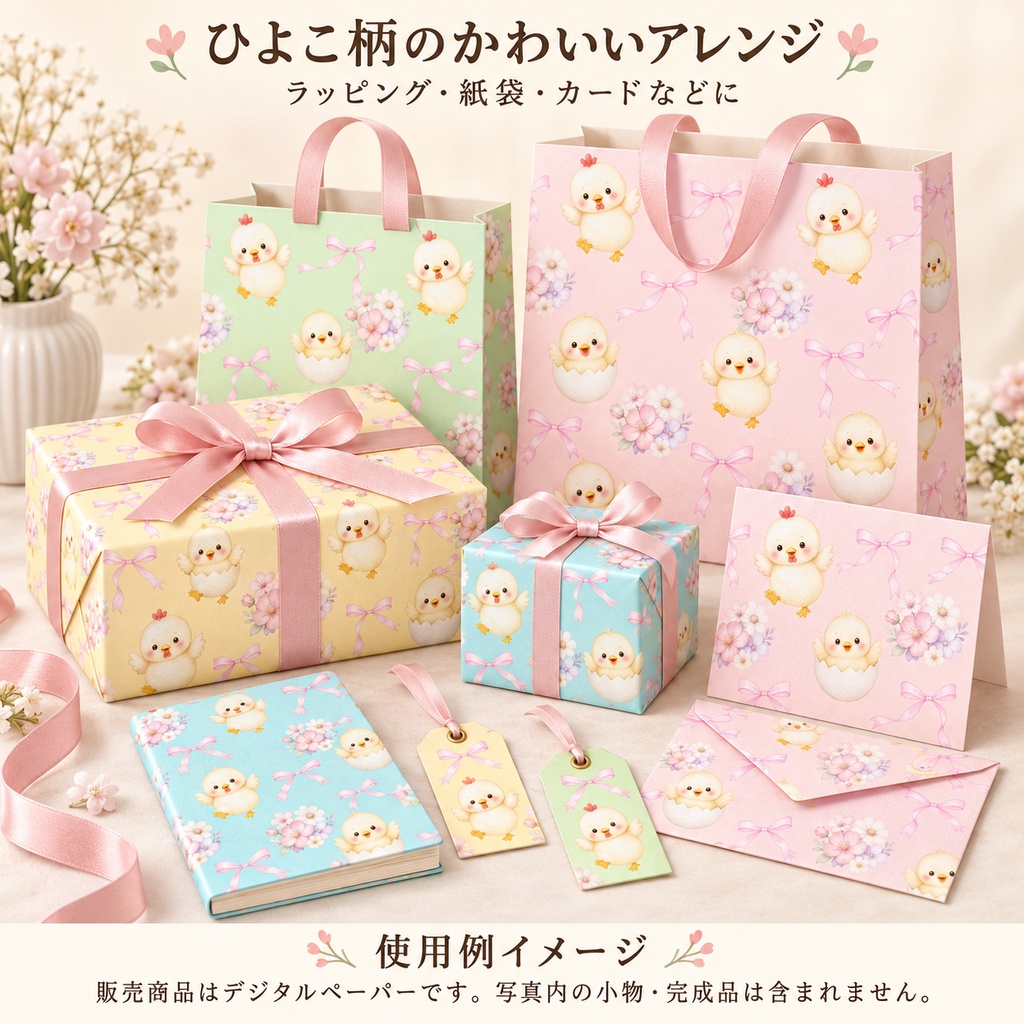 【商用利用OK】ひよことお花のデジタルペーパー 12色セット|水彩風・シームレスパターン