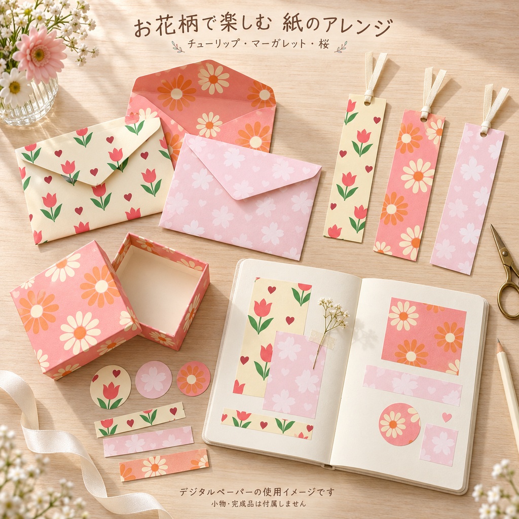 【商用利用OK】お花のデジタルペーパー 全34枚セット|チューリップ・マーガレット・桜