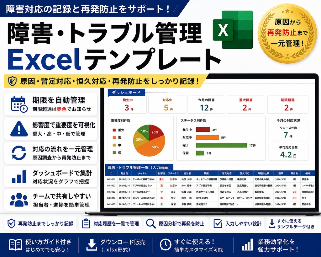 障害・トラブル管理 Excelテンプレート【原因・恒久対応・再発防止を一元管理】