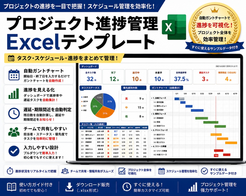 プロジェクト進捗管理 Excelテンプレート【自動ガントチャート・進捗管理】
