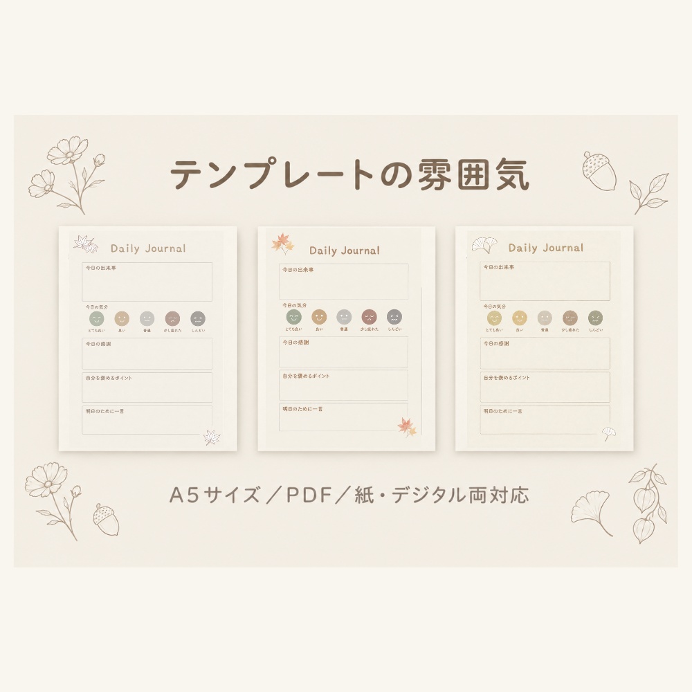 秋のくすみカラー日記テンプレート|1日1ページ|A5|10枚セット(もみじ/イチョウ/どんぐり/ほおづき/コスモス)