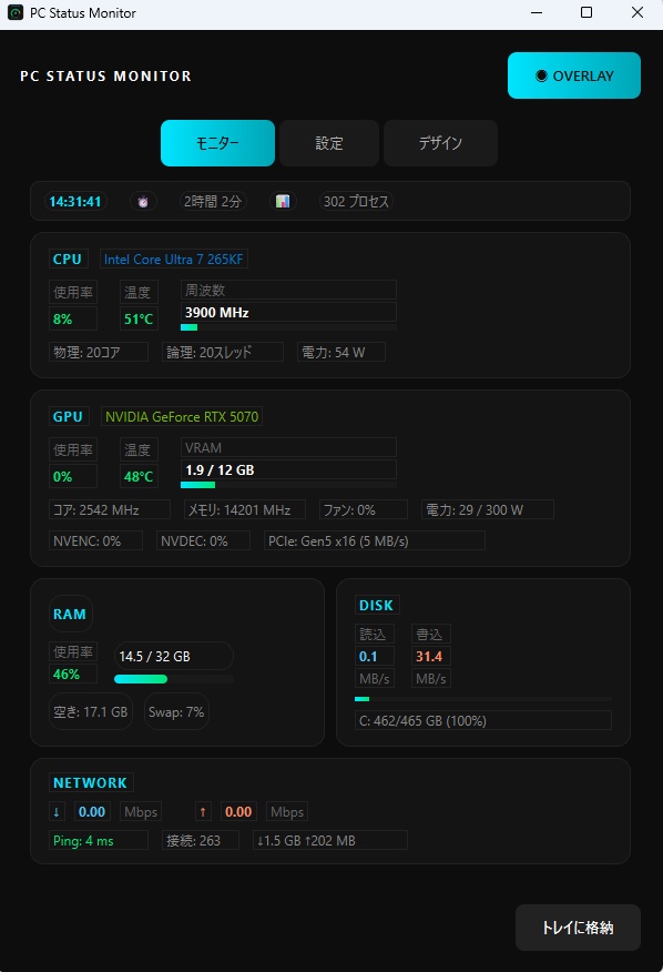   PC Status Monitor - ゲーミングPC用オーバーレイモニター