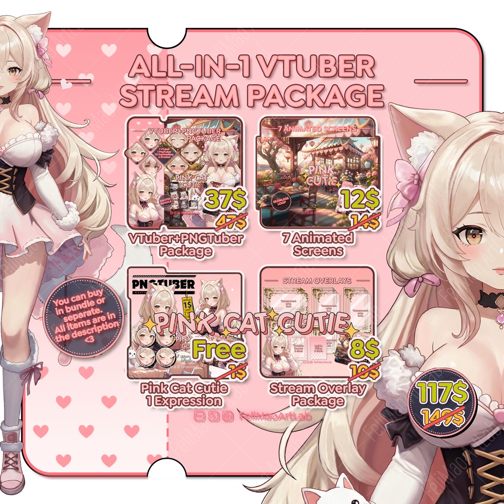 All in 1 VTuber PNGTuber Pink Cat Cutie Stream Package Twitch Kick / Bundle Stream Asset Character Aesthetic Kawaii Cute Soft