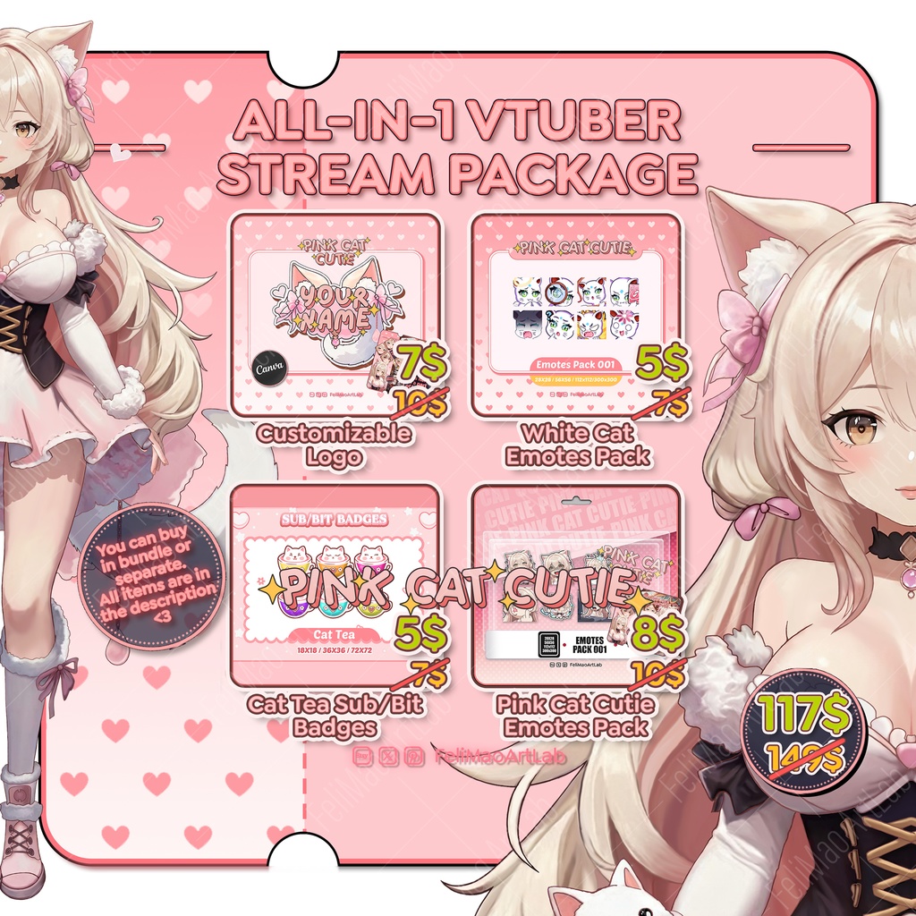 All in 1 VTuber PNGTuber Pink Cat Cutie Stream Package Twitch Kick / Bundle Stream Asset Character Aesthetic Kawaii Cute Soft