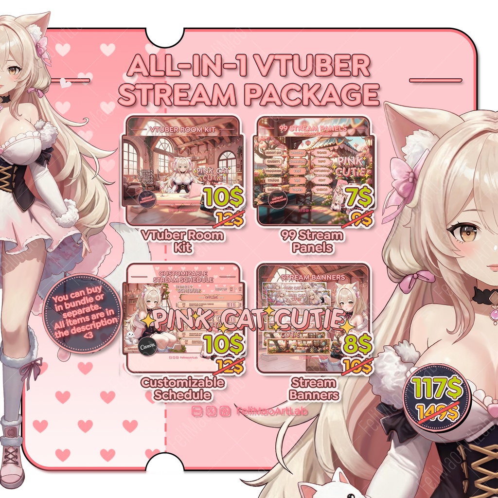 All in 1 VTuber PNGTuber Pink Cat Cutie Stream Package Twitch Kick / Bundle Stream Asset Character Aesthetic Kawaii Cute Soft