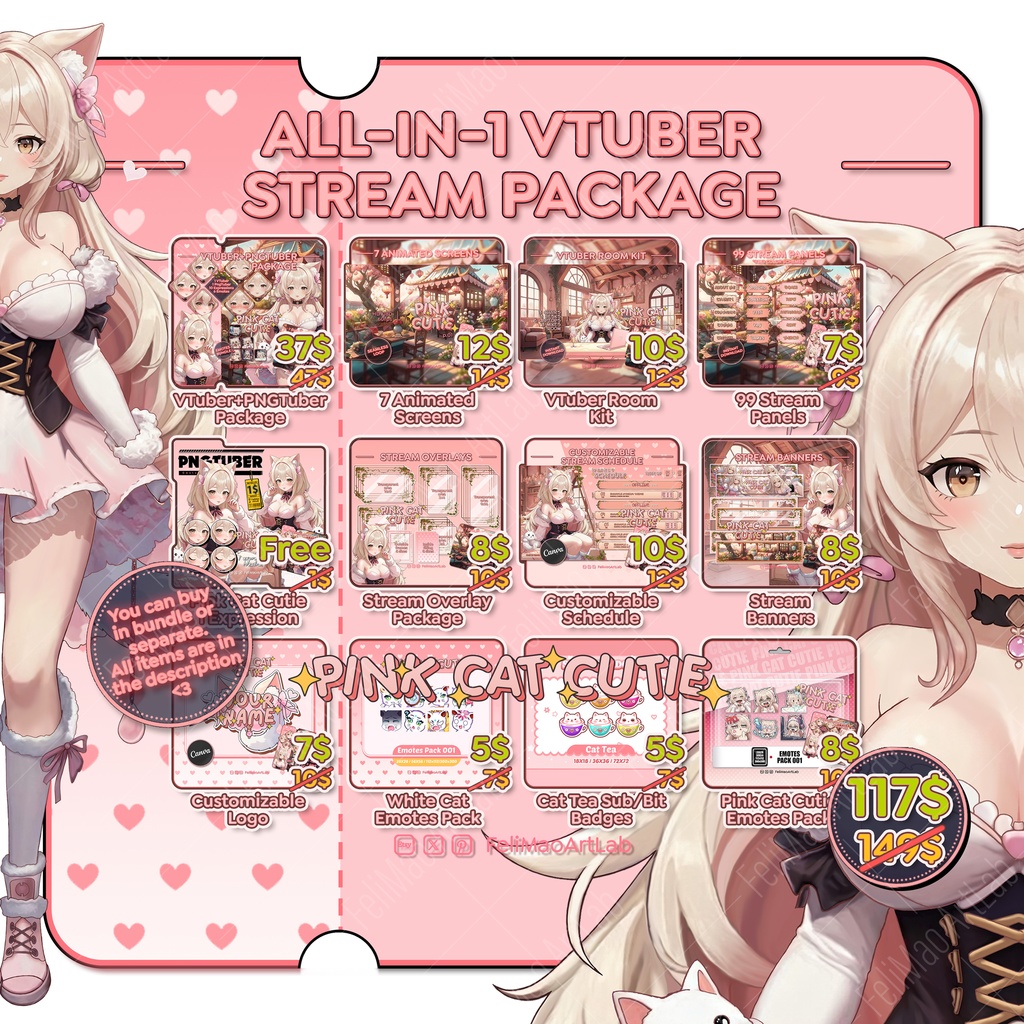 All in 1 VTuber PNGTuber Pink Cat Cutie Stream Package Twitch Kick / Bundle Stream Asset Character Aesthetic Kawaii Cute Soft