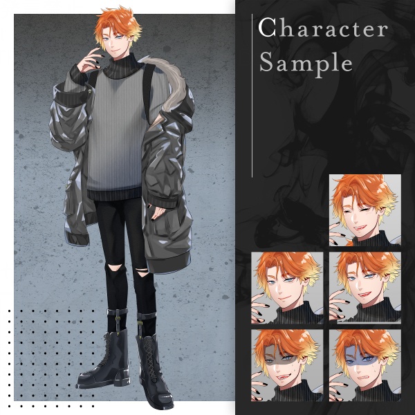 TRPG等立ち絵フリー素材販売【全身】秋冬服のオレンジ頭の男性【表情差分５種】