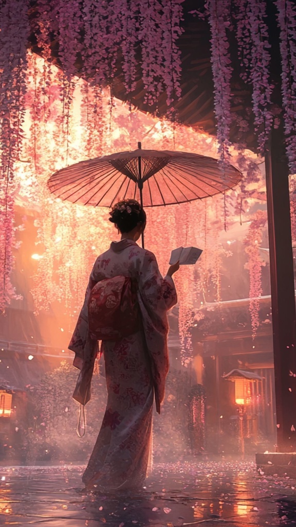 幻想の和装女性と花の夜