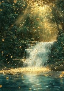 《黄金の扉と満月の滝 開運幻想画》5点セット