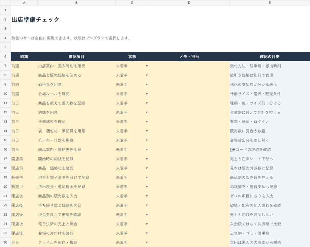 イベント出店ノート|売上・在庫・釣銭照合・準備チェック【Excel】