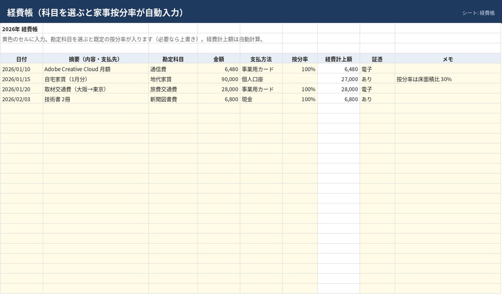フリーランス向け 確定申告準備キット【Excel】チェックリスト+経費帳+売上帳+所得税の概算