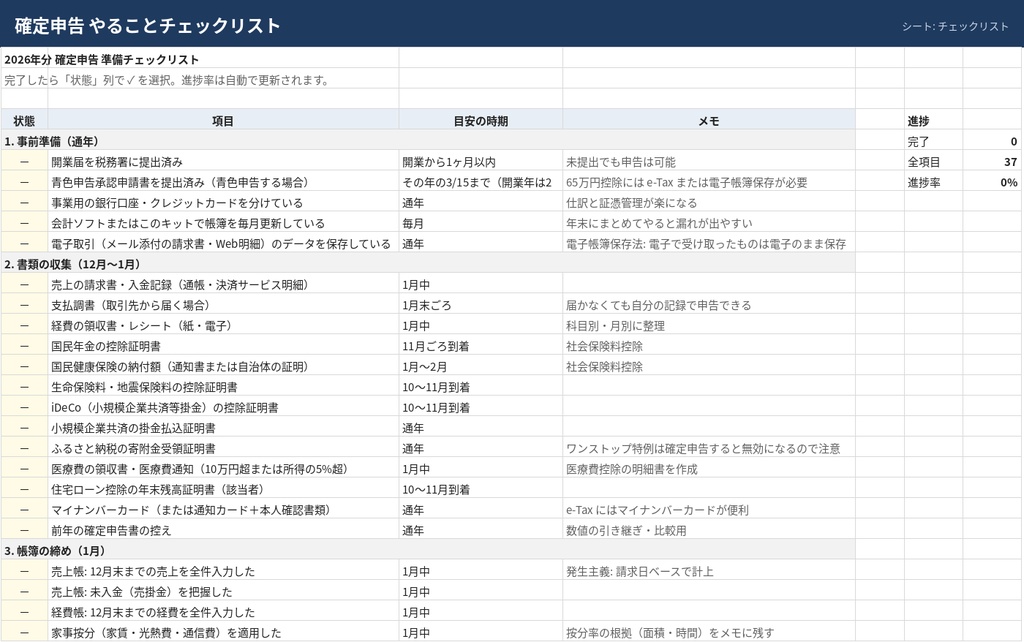 フリーランス向け 確定申告準備キット【Excel】チェックリスト+経費帳+売上帳+所得税の概算