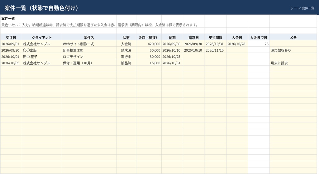 フリーランス向け クライアント管理+案件・入金管理シート【Excel】ダッシュボードで今月の入金予定・未入金が一目でわかる