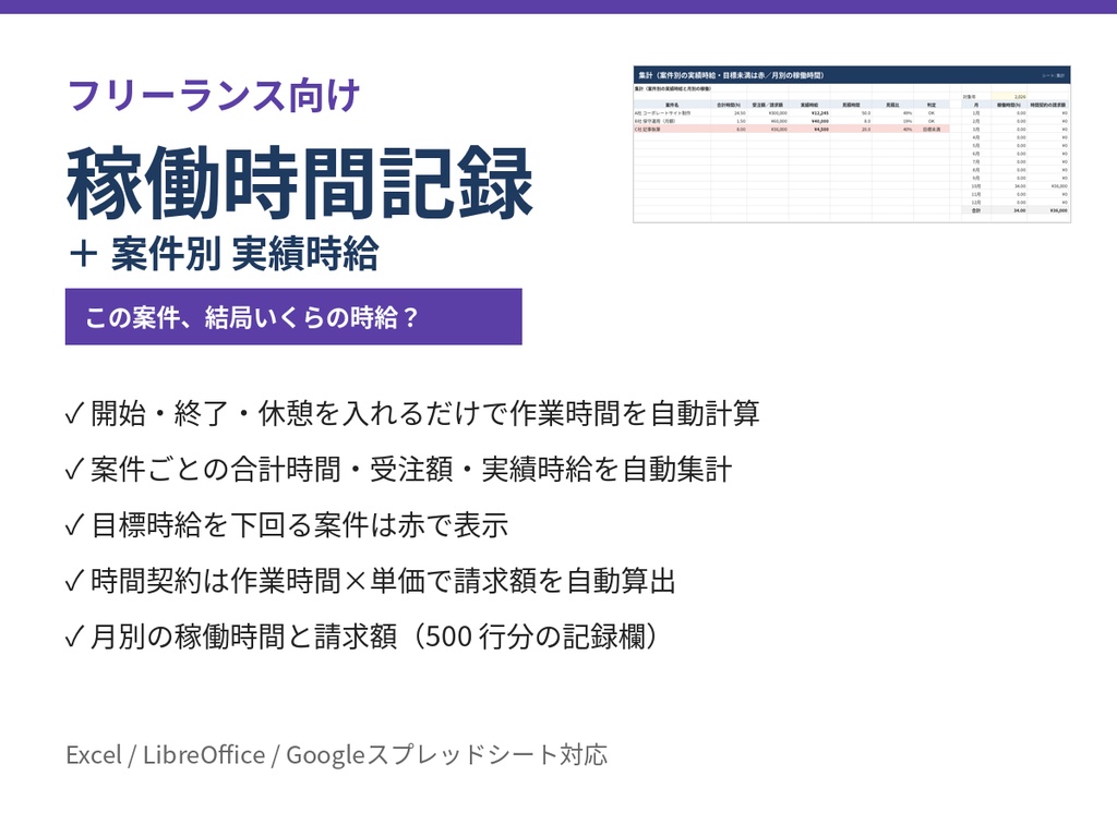 フリーランス 稼働時間記録（タイムシート）＋案件別 実績時給【Excel】開始・終了を入れるだけで案件ごとの時給と月別稼働を自動集計