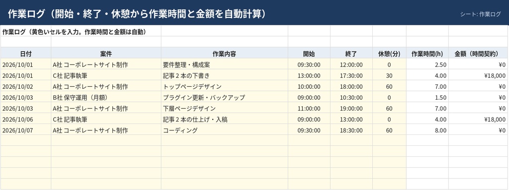 フリーランス 稼働時間記録(タイムシート)+案件別 実績時給【Excel】開始・終了を入れるだけで案件ごとの時給と月別稼働を自動集計