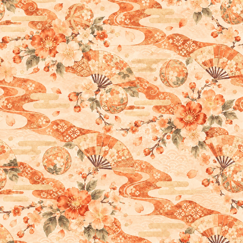 🌸 桜と扇の華やかな和柄|シームレスデジタルペーパー10色セット Japanese Sakura & Folding Fan Seamless Digital Paper – 10 Colors