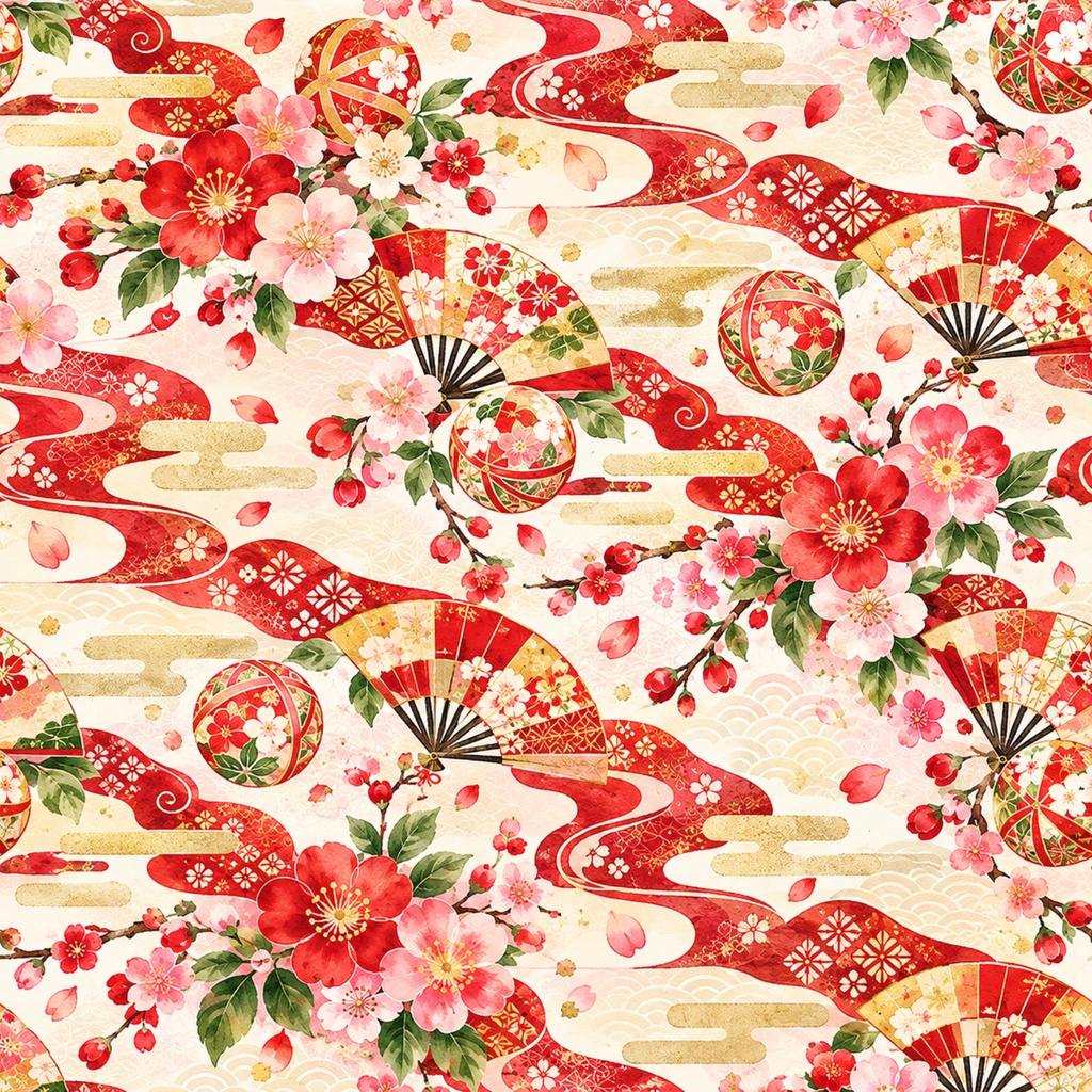 🌸 桜と扇の華やかな和柄|シームレスデジタルペーパー10色セット Japanese Sakura & Folding Fan Seamless Digital Paper – 10 Colors