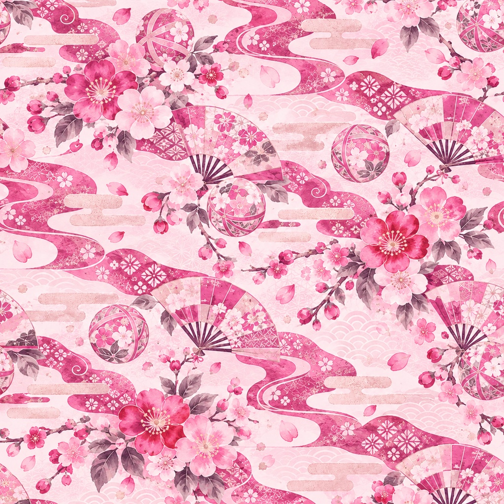 🌸 桜と扇の華やかな和柄|シームレスデジタルペーパー10色セット Japanese Sakura & Folding Fan Seamless Digital Paper – 10 Colors